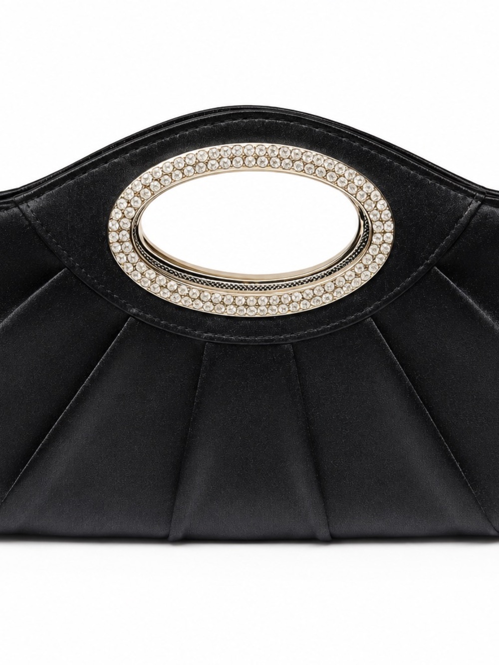 D-Fusion Black Satin Clutch, Oval Rhinestone Handle, Long Silver Chain